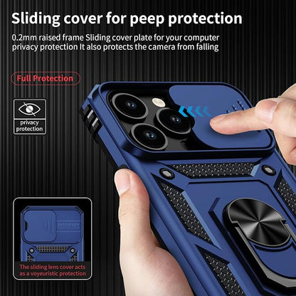 Vinve for iPhone 14 Pro Max Case with Slide Lens Cover HD Screen Protector, Military Grade Drop Protection, Magnetic Rotated Ring Holder Kickstand Protective Phone Case (Navy Blue)