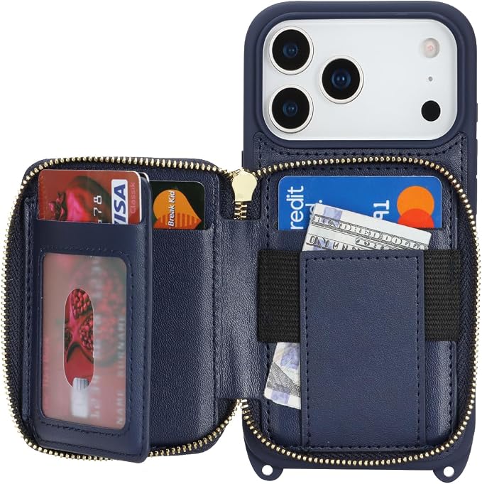 Crossbody Wallet Case for iPhone 17 Pro, PU Leather Zipper Handbag Purse Flip Cover, Kickstand Folio Case with Card Slots Holder Wrist Strap Lanyard 5G 6.3 Inch-Blue