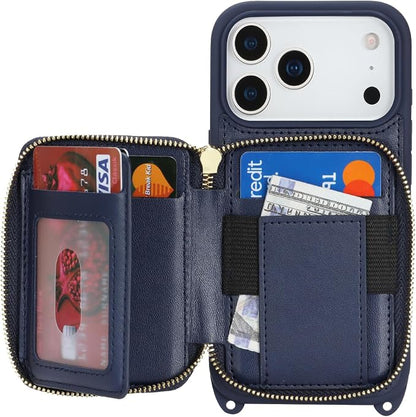 Crossbody Wallet Case for iPhone 17 Pro, PU Leather Zipper Handbag Purse Flip Cover, Kickstand Folio Case with Card Slots Holder Wrist Strap Lanyard 5G 6.3 Inch-Blue