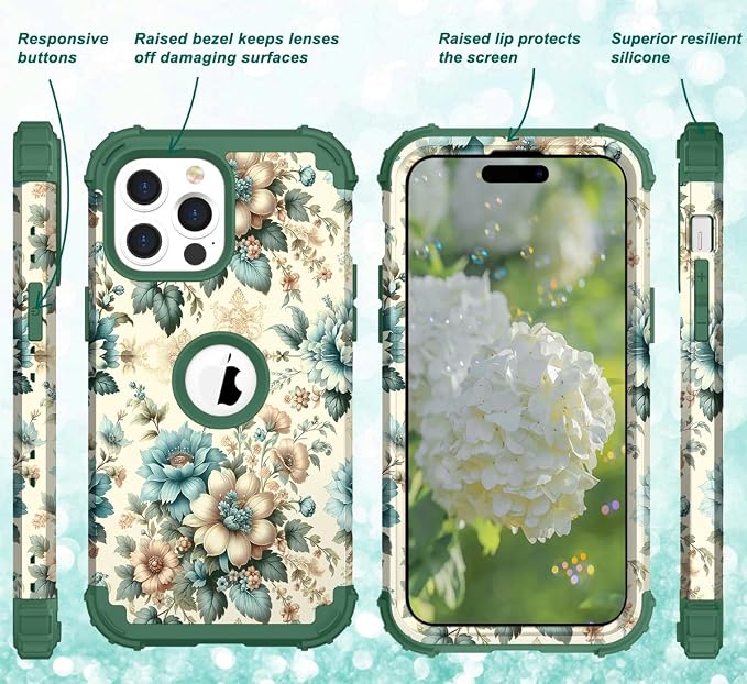 Hocase for iPhone 15 Pro Max Case, Heavy Duty Shockproof Protection Soft Silicone Rubber Bumper+Hard Plastic Hybrid Protective Case for iPhone 15 Pro Max 6.7" 2023 - Teal Blue Flowers