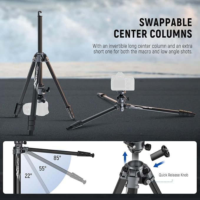 NEEWER LITETRIP LT07 61" Aluminum Travel Tripod for Camera w Pan Tilt Low Profile Ball Head, Arca QR Plate Compatible with PD Tripod Plate, Dual Center Axis, Phone Holder, Max Load 22lb
