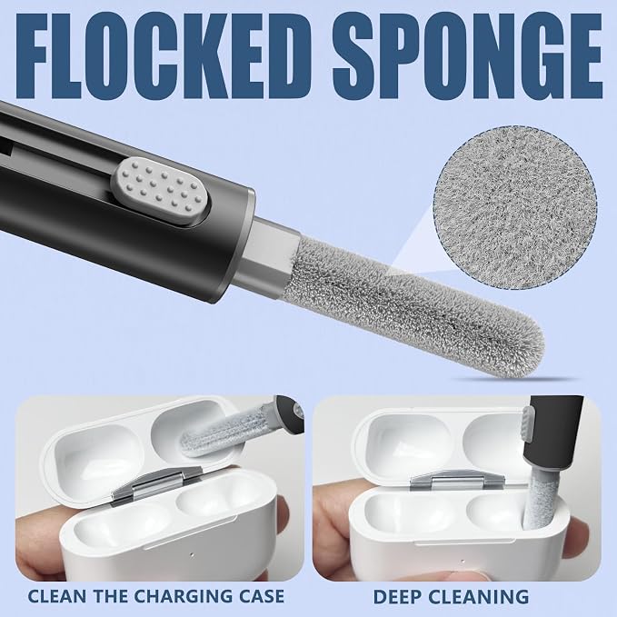 【1 Pack】 Cleaner Kit for Airpods 4 Case 2024,Cleaning Kit Pen Shape with Soft Brush Flocking Sponge Tool for Bluetooth Earphones Headphones Charging Case,Phone,Camera andComputer(Black)