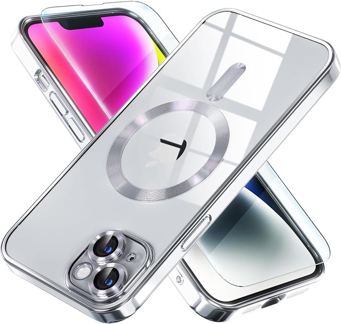 Misea Magnetic for iPhone 14 Case Compatible with MagSafe [Never Yellowing] [Military Grade Drop Protection] Full Camera Lens Protector Plating Soft Clear Phone Case for Women Girls, Silver