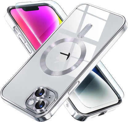 Misea Magnetic for iPhone 14 Case Compatible with MagSafe [Never Yellowing] [Military Grade Drop Protection] Full Camera Lens Protector Plating Soft Clear Phone Case for Women Girls, Silver