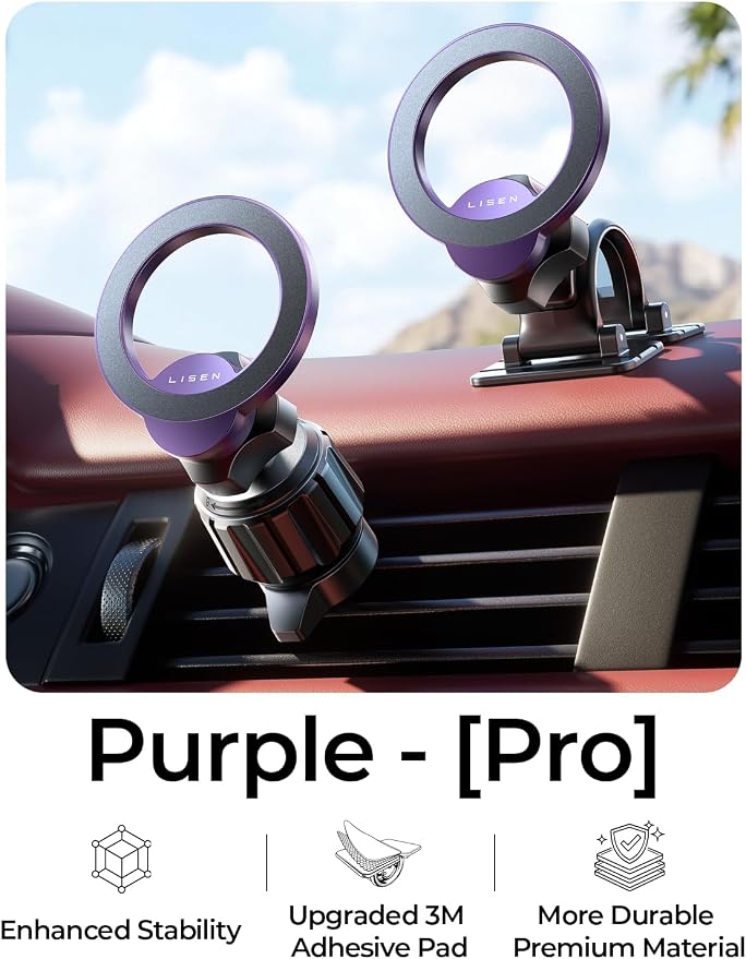 LISEN for MagSafe Car Mount [2026 Strong Magnets] Magnetic Phone Holder for Your Car [Vent&Dash] Magnet Cell Phone Holder Mount Cradle Car Accessories Kits for Men Women Purple