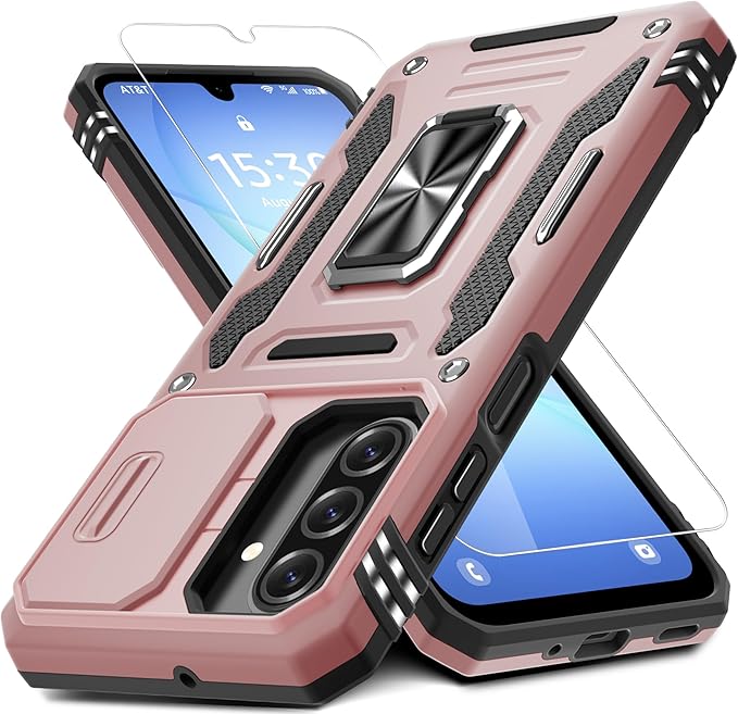 DEERLAMN Case for Samsung Galaxy A17 5G with Slide Camera Cover+Screen Protector (1 Pack), Rotated Ring Kickstand Military Grade Shockproof Protective Cover-Rose Gold