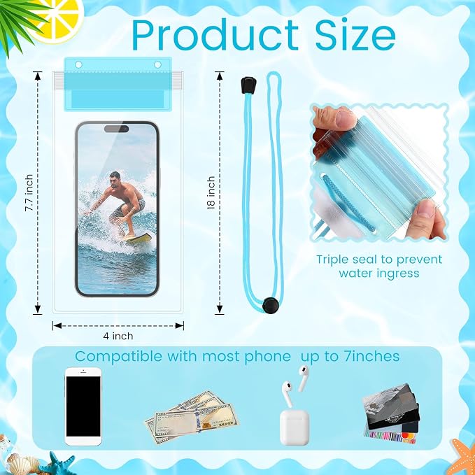 Flutesan 60 Pack Waterproof Phone Pouch with Adjustable Lanyard 7.5'' Large Phone Dry Case Bag Multicolor Universal Compatible Smartphones for Swimming Pool Beach Water Park Diving Surfing