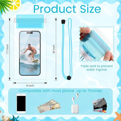 Flutesan 60 Pack Waterproof Phone Pouch with Adjustable Lanyard 7.5'' Large Phone Dry Case Bag Multicolor Universal Compatible Smartphones for Swimming Pool Beach Water Park Diving Surfing