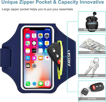 Cell Phone Running Armband with Earbuds Zipper Pocket Armband Case Running Holder for iPhone 15 Pro Max /14/13/ 12/11 Pro Max/XS/XR,Galaxy S20 S10,Sweatproof Arm Band with Card/Key Bag