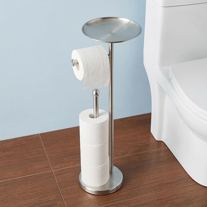 Toilet Paper Holder with Shelf, Toilet Paper Stand for Holding Extra 4 Toile Paper Rolls, Freestanding Toilet Paper Roll Storage, Heavy Base No Tipping Over (Stainless Steel, Brushed Nickel)