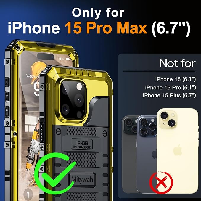 Mitywah Wateproof Case for iPhone 15 Pro Max, Military Grade Shockproof Cover for Outdoor Workers, Heavy Duty Metal Full Body Phone Case with Built-in Screen Protector, 6.7", Yellow