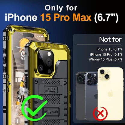 Mitywah Wateproof Case for iPhone 15 Pro Max, Military Grade Shockproof Cover for Outdoor Workers, Heavy Duty Metal Full Body Phone Case with Built-in Screen Protector, 6.7", Yellow