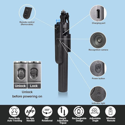 Auto Face Tracking Tripod for iPhone & Android, 360° Rotating Phone Tripod with 2 LED Fill Lights, Extendable 70″ Selfie Stick for Video Recording, Live Streaming, Ideal for Content Creators