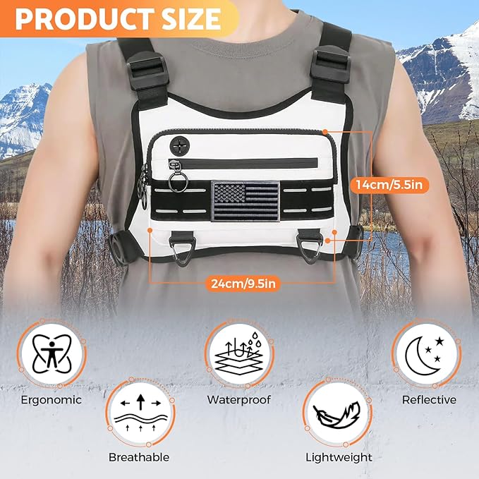 Muserise Sports Chest Bag For Men Women, Water Resistant Lightweight Front Chest Pack, Running Vest Bag With Built-In Phone Holder & Extra Storage For Workouts, Running, Cycling (White)