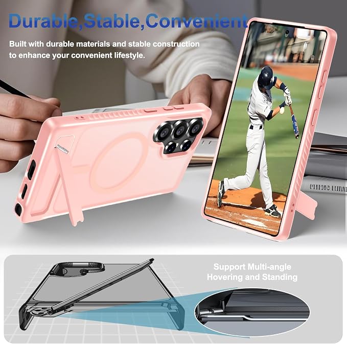 for Samsung Galaxy S25 Ultra Case with Screen Protector+Lanyard Wrist Strap,Magnetic Translucent Matte Rugged Slim Phone Cover Built in Invisible Kickstand [Fit for MagSafe],2025 Cute Pink