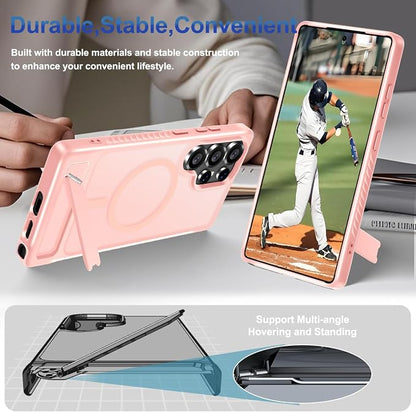 for Samsung Galaxy S25 Ultra Case with Screen Protector+Lanyard Wrist Strap,Magnetic Translucent Matte Rugged Slim Phone Cover Built in Invisible Kickstand [Fit for MagSafe],2025 Cute Pink