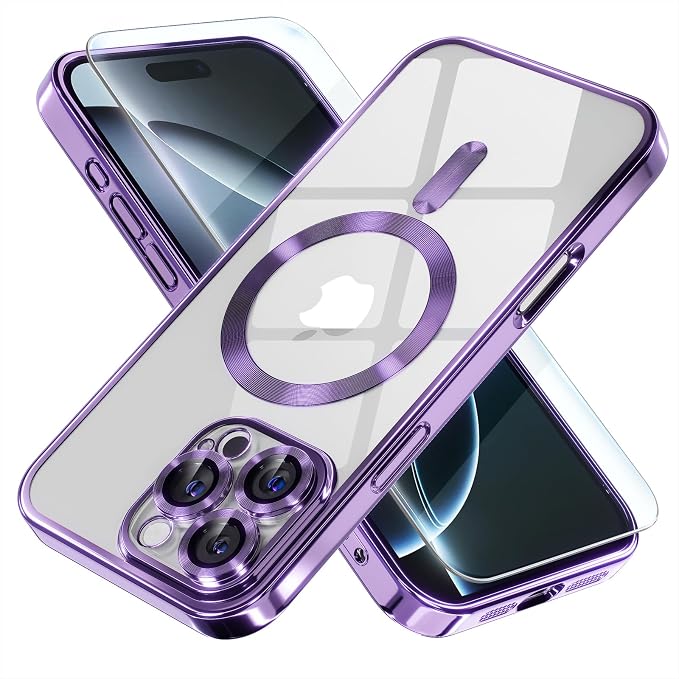 Misea Magnetic for iPhone 16 Pro Case Compatible with MagSafe [Never Yellowing] [Military Grade Drop Protection] Full Camera Lens Protector Plating Soft Clear Phone Case for Women 6.3", Purple