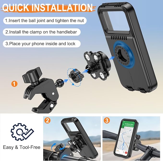 HUANLANG Motorcycle Phone Mount Anti Vibration, Waterproof Bike Phone Mount for Bicycles, Scooters, ATVs,[Dual Vibration Dampener][Upgraded Handlebar Clip] Motorcycle Phone Holder for 4-7" Cell Phones