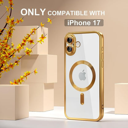 Misea Magnetic for iPhone 17 Case Compatible with MagSafe [Never Yellowing] [Military Grade Drop Protection] Full Camera Lens Protector Plating Soft Clear Phone Case for Women, Gold