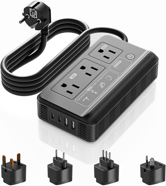 Mapambo 2000W Voltage Converter US to Europe, 7 in 1 Converter for European Travel for Hair Dryer, Kettles, Coffee Makers and etc. 220v to 110v Converter for International Travels (Matt Black)