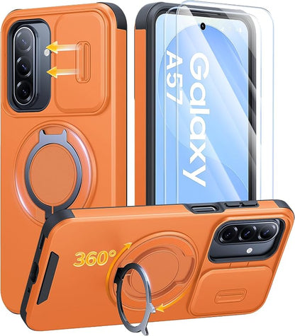 JAME for Samsung Galaxy A57 5G Case, Ring Holder Stand Kickstand, Slide Camera Cover, 2 Screen Protectors, Dual-Layer Shockproof Protective, Magnetic Accessory Friendly Galaxy A57 Phone Case, Orange