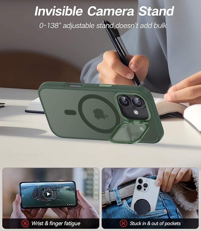 [Upgraded Full Camera Protection] for iPhone 17 Case with Camera Cover Stand [Fit for MagSafe][10FT Mil-Grade Protection] Translucent Magnetic iPhone 17 Phone Case, Green
