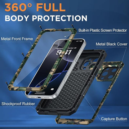 Beasyjoy for iPhone 16 Pro Case Waterproof, Metal Heavy Duty Full Body Protective Case with Built-in Screen Protector, Military Grade Shockproof Dustproof Defender Cover for iPhone 16 Pro 6.3", Camo
