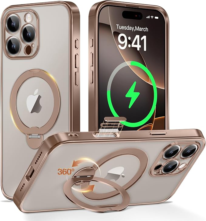 GolbinBox for iPhone 16 Pro Case with 360° Spin Magnetic Stand,[Compatible with Magsafe] [Military Protection][Built-in Ring Holder] Camera Control Phone Case for 16 Pro,Desert Titanium/Clear