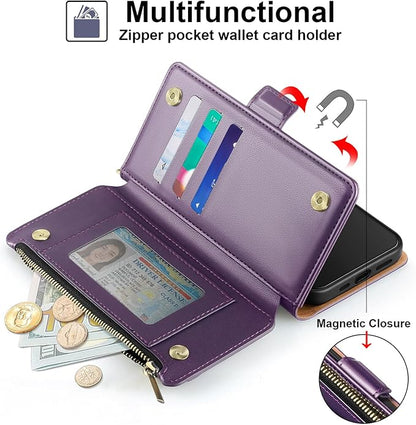 Antsturdy Compatible with iPhone 17 Pro Wallet Case Women,RFID Blocking PU Leather Phone Case Men Kickstand Flip Cover Wrist Strap Zipper Credit Card Holder Slots for Apple 17 Pro 6.3",Purple