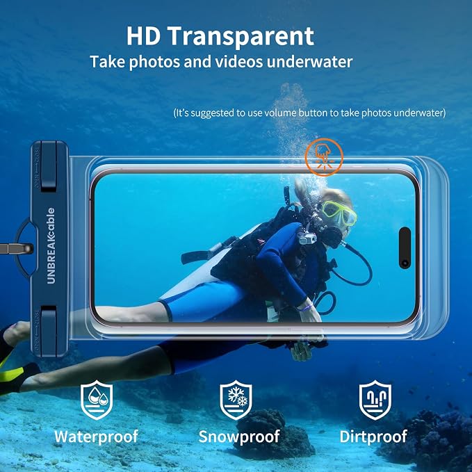 UNBREAKcable Waterproof Phone Pouch-2 Pack IPX8 Waterproof Phone Case for iPhone 16 15 14 13 12 11 Pro Max & Samsung S25 S24-Dry Bag & Travel Essentials for Beach, Pool, Kayak & Cruise-7" Black+Blue