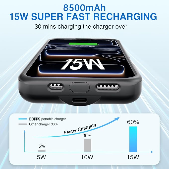 BOPPS Battery Case for iPhone 17 Pro 【2026 New】 Powerful 8500mAh Portable Charger Case 360°Protection Rechargeable Extended Charging case for iPhone 17 Pro 6.3inch,(Black)