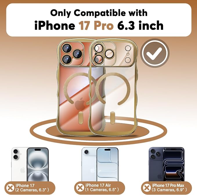 Misscase Designed for iPhone 17 Pro Case 6.3",with Privacy Screen Protector*1,Cute Wave Frame Case with Camera Lens Protector,Compatible with MagSafe Plating Bling for Women Gold
