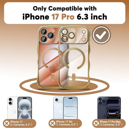 Misscase Designed for iPhone 17 Pro Case 6.3",with Privacy Screen Protector*1,Cute Wave Frame Case with Camera Lens Protector,Compatible with MagSafe Plating Bling for Women Gold