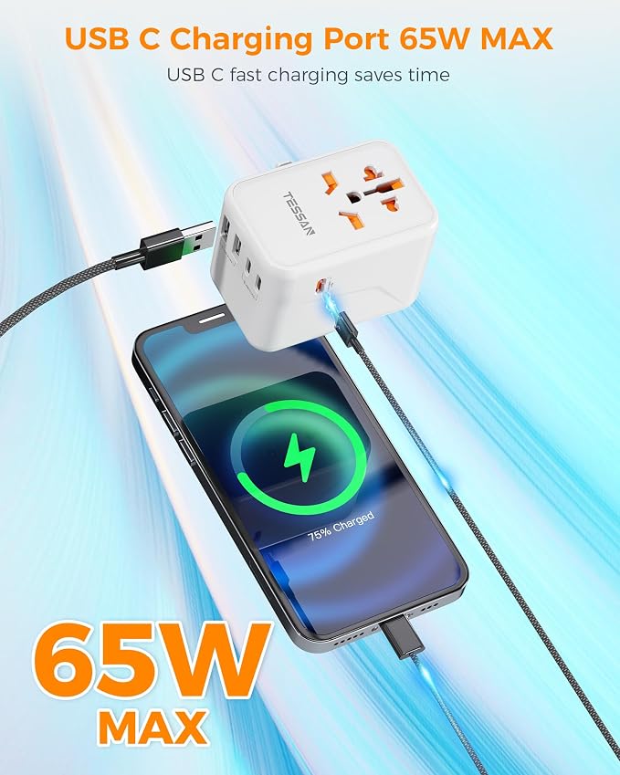 TESSAN Universal Travel Adapter, GaN 65W | 3 USB C Ports, 2 USB A Ports, Type C/G/A/I, European USA UK Australia Ireland