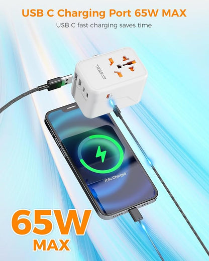 TESSAN Universal Travel Adapter, GaN 65W | 3 USB C Ports, 2 USB A Ports, Type C/G/A/I, European USA UK Australia Ireland