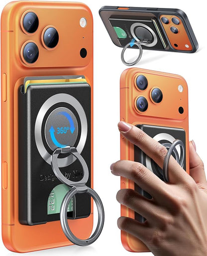 Compatible with Magsafe Wallet 3 Cards Holder [20X Strong Magnet] Magnetic Phone Grips Stand Mount Dual Ring 360° Rotation Desk Cellphone Fits for iPhone 17/16/15/14/13/12 Pro Max