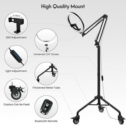 LUXSURE Ring Light Tripod for iPhone,Ring Light with Stand and Phone Holder,LED Overhead Camera Mount with Casters,Phone Tripod with Light and Remote for Video Recording/Live Stream/Cooking