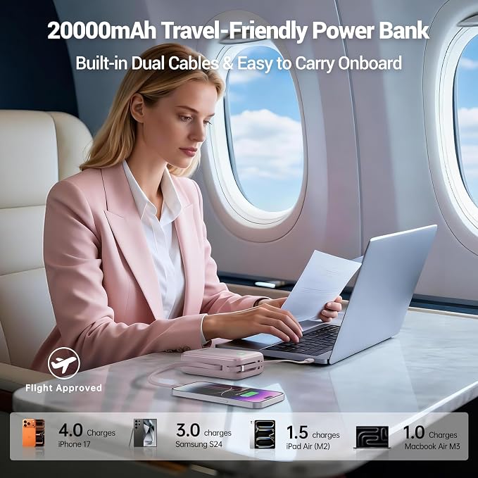 Hichain Portable Charger 35W 20000mAh Power Bank with Dual in Cables Pink | Fast Charging Battery Pack Compact Battery Bank with Digital Display for iPhone Android Portable Phone Charger