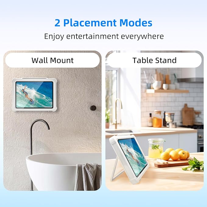 Shower Tablet Holder with HD&Touchable Screen, Anti-Fog Waterproof iPad Shower Mount, 2 Placement Modes, Compatible with iPad iPhone Tablet Under 11 in,White