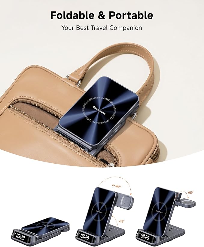 Wireless Charger for Fitbit Versa 4/3/Sense 2/1/Ace LTE, Charging Station for iPhone 17/16/15/14/13, for Samsung S25/S24/S23, 3-in-1 Charger Stand for AirPods/Galaxy Buds, SwanScout 708FB (No Adapter)