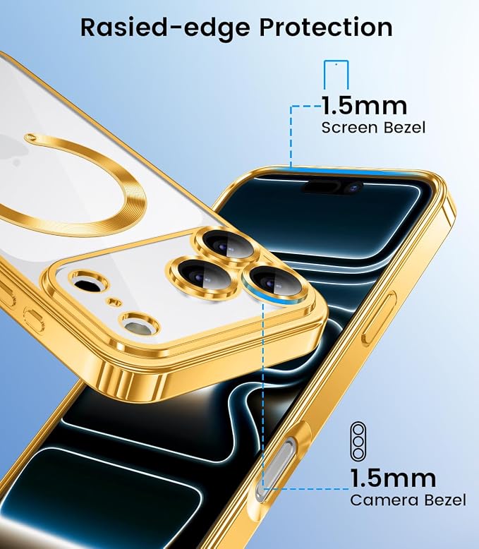 Slim Thin for iPhone 17 Pro Max Case Clear, Compatible with MagSafe, Built-in Camera Lens Protector, Non Yellowing Shockproof Protective Phone Case, Soft Electroplated Magnetic Cover, Gold