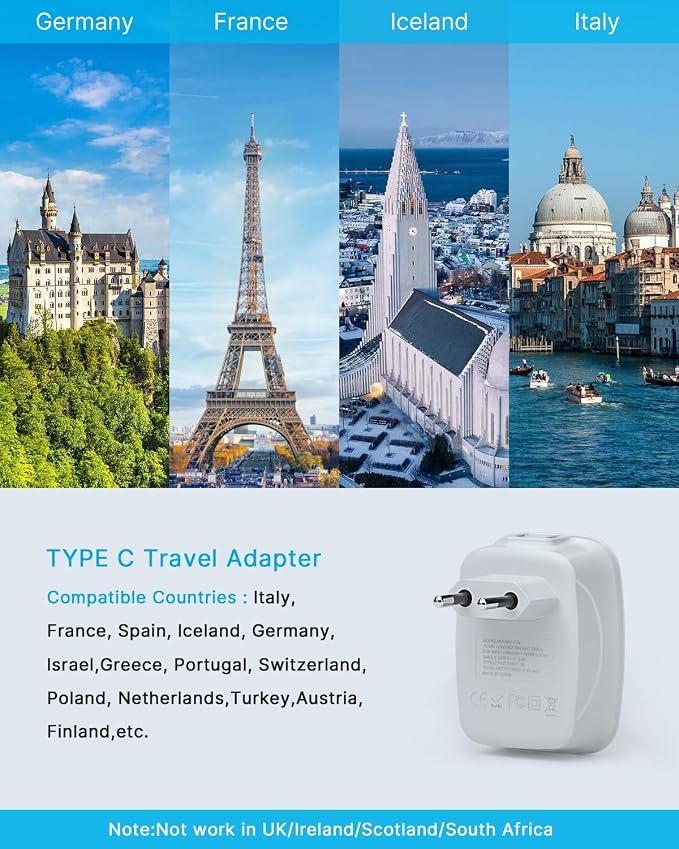 3 Pack European Travel Plug Adapter, VINTAR International Power Plug Adapter with 2 American Outlets, 1 USB C and 3 USB Ports, 6 in 1 Travel Essentials to France, German, Italy, Spain (Type C)