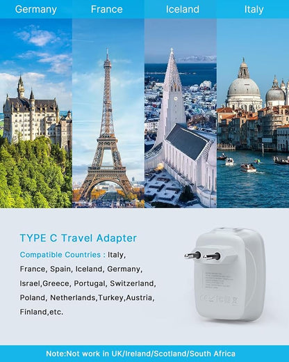 3 Pack European Travel Plug Adapter, VINTAR International Power Plug Adapter with 2 American Outlets, 1 USB C and 3 USB Ports, 6 in 1 Travel Essentials to France, German, Italy, Spain (Type C)