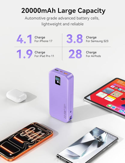 Portable Charger, 20000mAh 22.5W Fast Charging Power Bank with Built-in Cables & Wall Plug, Travel Essentials Battery Pack with LED Display, USB C External Battery Bank for iPhone iPad, Samsung Purple