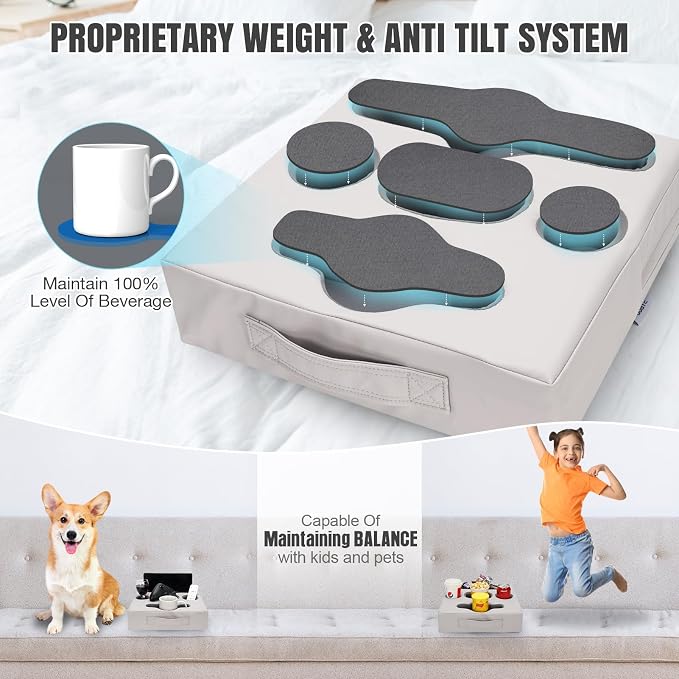 STBoo Couch Cup Holder Pillow Tray - Sofa Drink Cup Holder Cozy Buddy | Bed Caddy Organizer for Remote, Snacks Beverage, Phones, Tablet | Use it on Car, Pack, Beach, RV, Boat, Bedroom (Silvergrey)