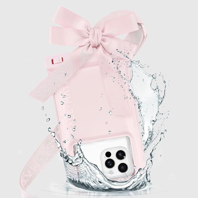 Case-Mate IP68 Waterproof Large Phone Pouch with Bow Design - Travel Beach Cruise Ship Essentials - Floating Phone Case with Crossbody Lanyard for iPhone 17 Pro Max/16 Pro/15/14/13/S26 - Ballet Pink