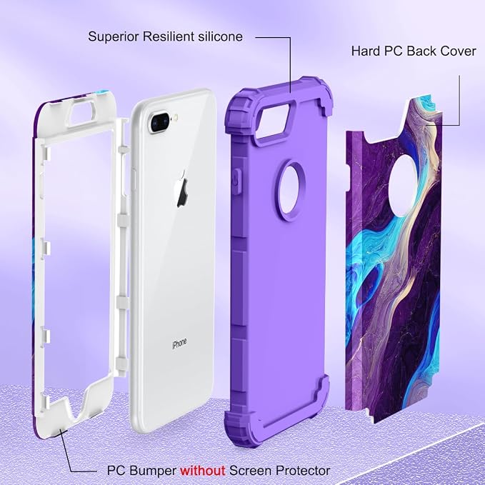 Hocase Heavy Duty Shockproof Protection Hard Plastic+Silicone Rubber Hybrid Protective Case for iPhone 7 Plus/iPhone 8 Plus - Blue Purple Marble