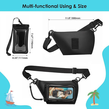 Waterproof Phone Pouch 8.3" & Fanny Pack, Waterproof Phone Case Detachable Lanyard Spring Rope for iPhone 16 15 14 13 Pro Max, IPX8 Cellphone Dry Bag Beach Cruise Ship Essentials Black