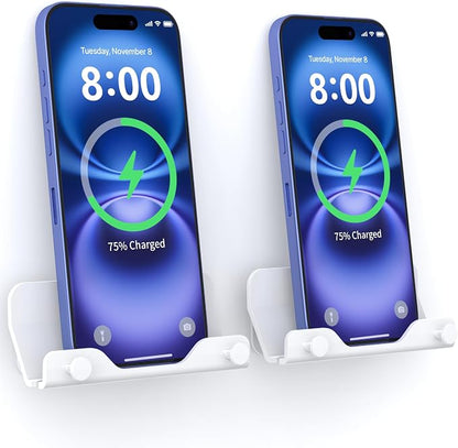 HomeMount Hands Free Wall Mount Phone Holder with Adhesive Strip for Bedroom Living Room Kitchen Compatible with All Phone or Mini ipad White 2PS