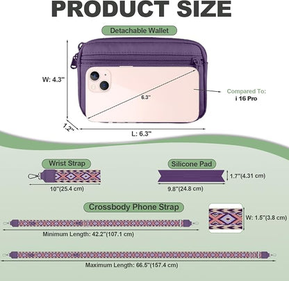 YFWE Clip and Go Strap for Phone with Wallet Crossbody, Adjustable Phone Lanyard with Detachable RFID Wristlet Wallet, Pattern Strap, Dark Purple(M)